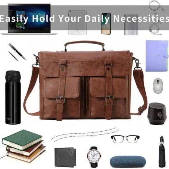 NEW Leather Messenger Bag for Men 15.6 Inch Vintage Laptop Briefcase Brown - Picture 4 of 7